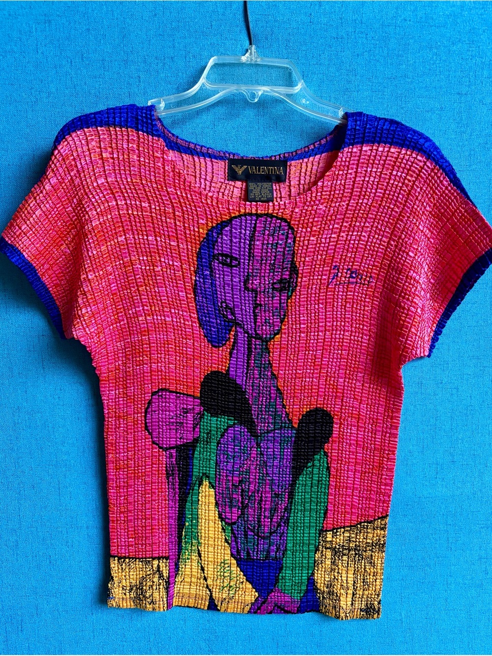 Vintage Valentina Picasso Cubist Portrait Crinkle Popcorn Top